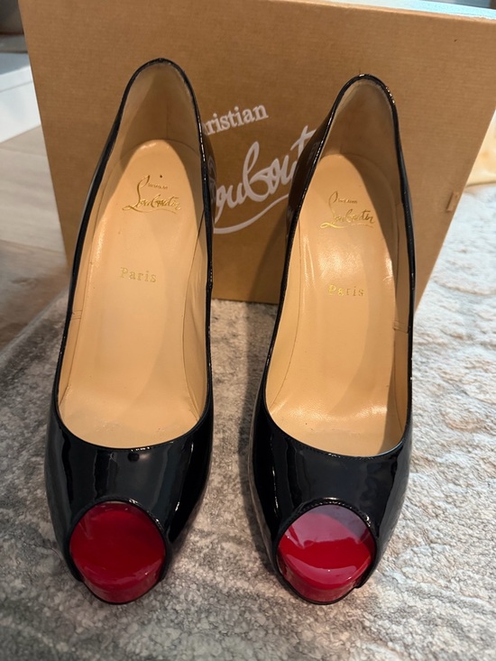 Christian Louboutin Shoes - Christian Louboutin Black Patent Peep-Toe Pumps with Red Toe